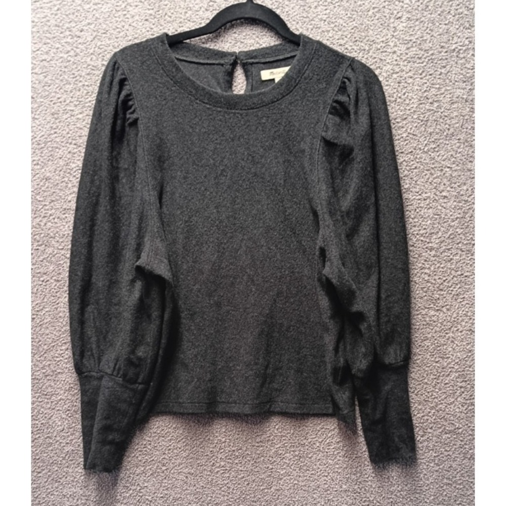 Madewell Puff Sleeve Top Women M Dark Gray Keyhole Back‎ Cotton Blend